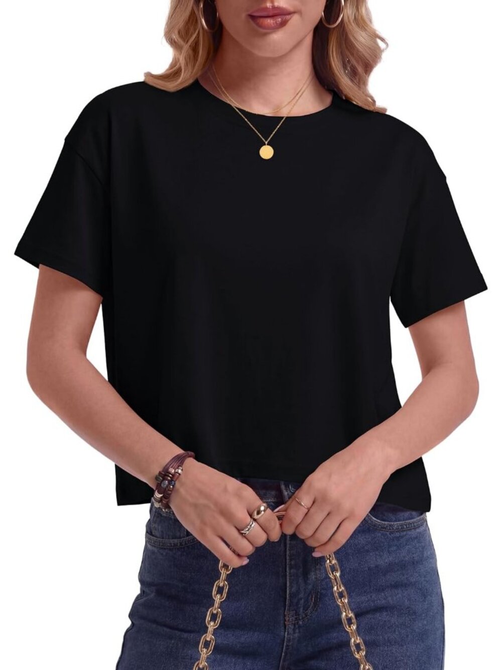 Women's Black Crew Neck Drop Shoulder Short Sleeve Loose Fit Casual Crop Tops